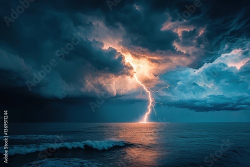 Wallpaper Mural A dramatic thunderstorm illuminates the ocean as lightning strikes, casting an eerie glow against dark, swirling clouds. Torontodigital.ca