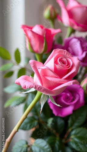 Delicate pink rose, single long stem, elegant bouquet, roses, stem