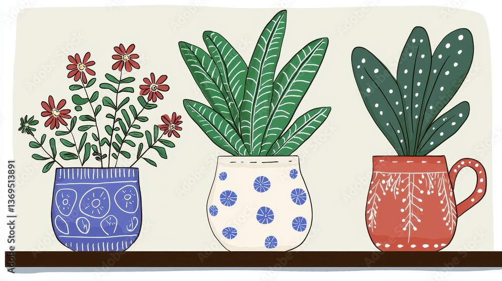 Fototapeta premium Three Potted Plants on Shelf Red Flowers, Green Leaves, and Succulent in Unique Pots