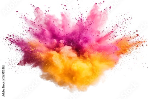 Color powder explosions isolated on white background. Splash and spray of paint dust with particles. 