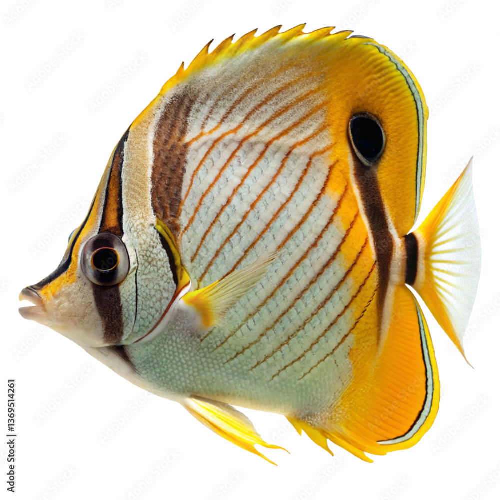 Naklejka premium Magnificent Closeup of a Masked Butterflyfish Showing Intricate Details of its Coloration and Body Shape