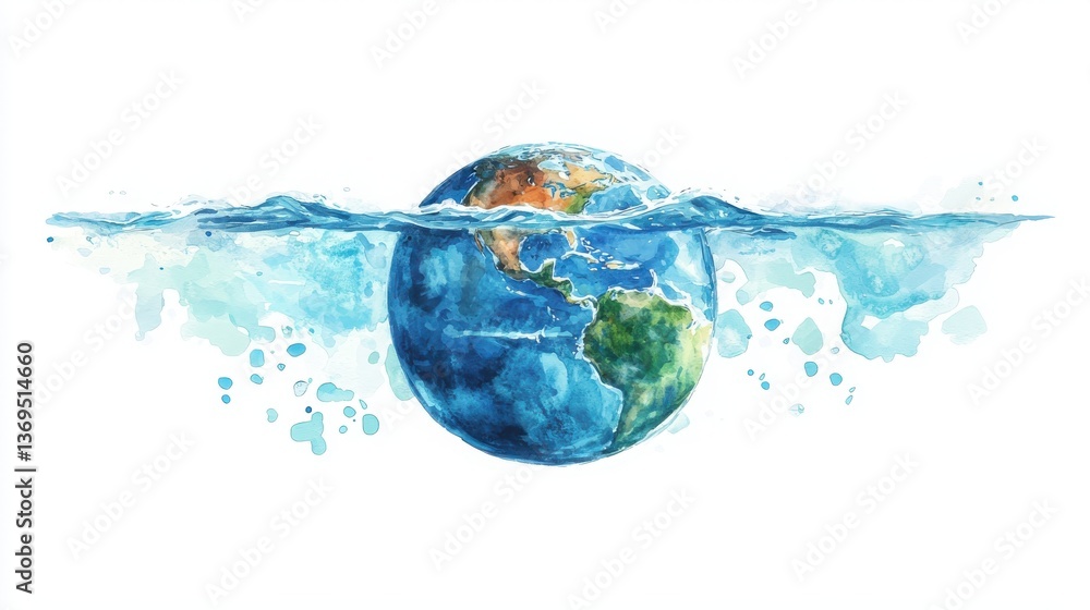 A vibrant watercolor illustration of Earth partially submerged in water, showcasing continents and splashes, emphasizing the planet's beauty and fragility. A vibrant watercolor illustration of Earth partially submerged in water, showcasing continents and splashes, emphasizing the planet's beauty and fragility.