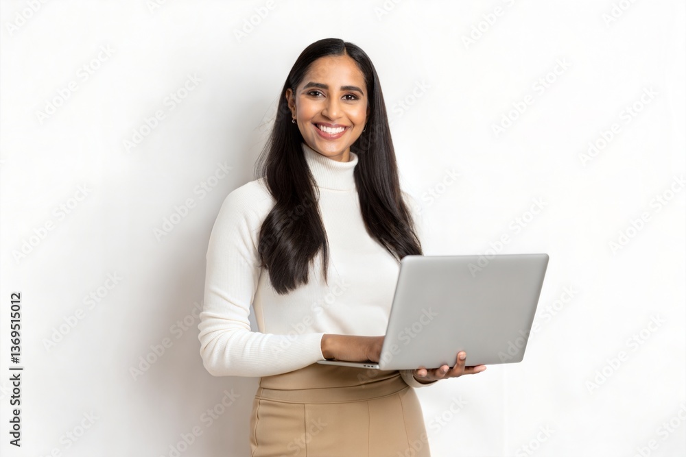 A smiling woman with long dark hair, wearing a white turtleneck and beige skirt, holding a laptop and looking at the camera, creating a positive and professional vibe A smiling woman with long dark hair, wearing a white turtleneck and beige skirt, holding a laptop and looking at the camera, creating a positive and professional vibe