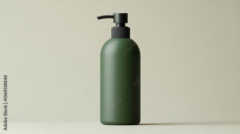 Green bottle with black pump is displayed against beige backdrop Green bottle with black pump is displayed against beige backdrop