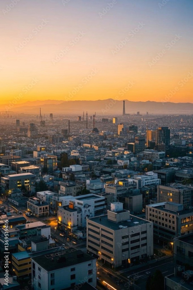 Obraz premium arafed view of a city at sunset with a few buildings