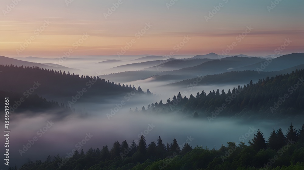 Fototapeta premium Misty Sunrise Over Mountain Ranges