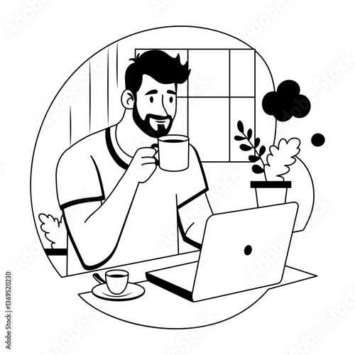 A man taking coffee break during work, glyph illustration 

