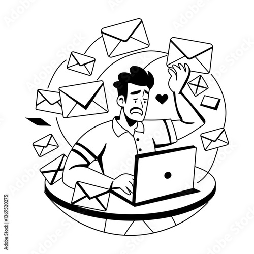 Email overload glyph illustration of exhausted character 

