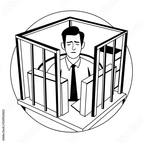 A glyph illustration of an employee trapped in an office cell 

