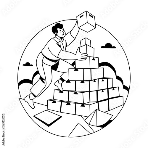 A glyph illustration of a man making work pyramid 