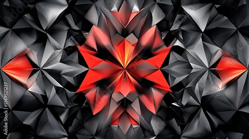 Abstract geometric pattern with red and dark gray shapes.