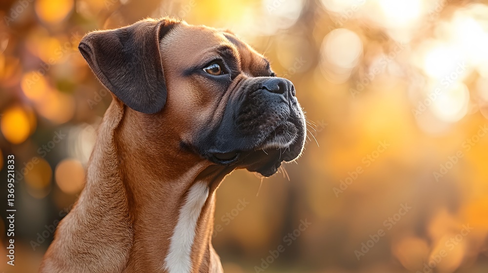 Fototapeta premium Boxer dog autumn portrait, golden bokeh background