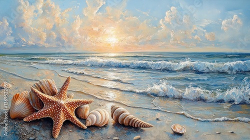 Seashells and starfish on beach at sunset