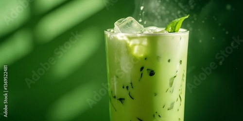 Refreshing iced matcha latte with cream
