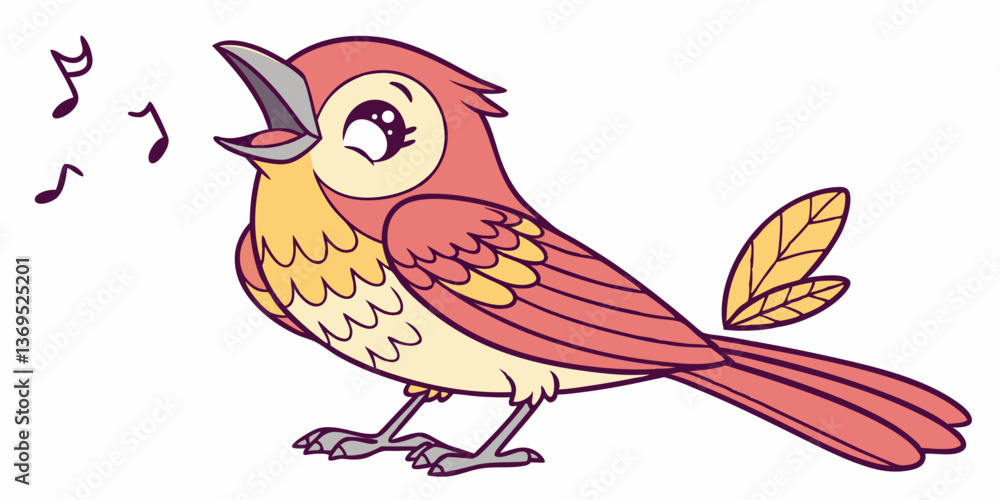 Obraz premium Cute cartoon bird sitting on a tree branch with flowers and leaves