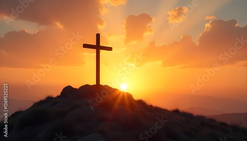 a solemn cross standing atop a hill, illuminated by the golden hues of sunrise, symbolizing sacrifice, redemption, and the spirit of Holy Week, perfect for easter