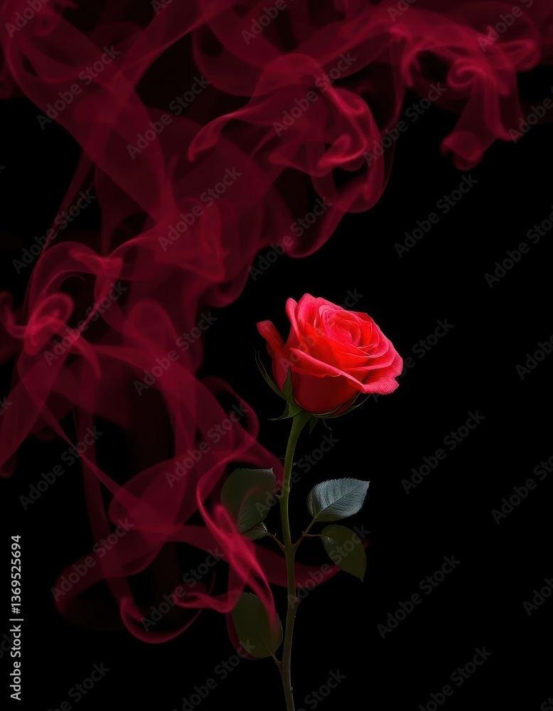 Naklejka premium Crimson smoke swirls enveloping a single red rose against a stark black backdrop, flower, fantasy
