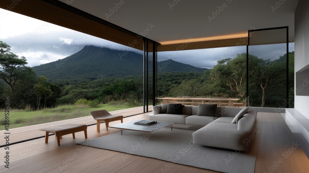Modern living room with expansive mountain views. Large windows frame a lush landscape, creating a seamless indoor-outdoor connection. Modern living room with expansive mountain views. Large windows frame a lush landscape, creating a seamless indoor-outdoor connection.