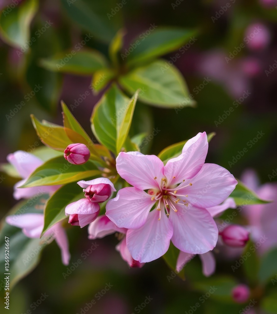 Delicate pink cherry blossom, single bloom against vibrant green leaves, single, macro, plant photography Delicate pink cherry blossom, single bloom against vibrant green leaves, single, macro, plant photography