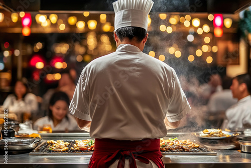A teppanyaki chef prepares sizzling food on a grill while guests watch in a warmly lit restaurant.