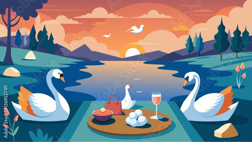 As graceful swans glided by a group of friends gathered by the riverside for a serene and sophisticated picnic complete with fine wine artisanal. Vector illustration
