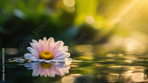 A delicate white and pink daisy flower floating on a calm water surface, soft ripples reflecting the flower, golden sunlight casting a warm glow, 