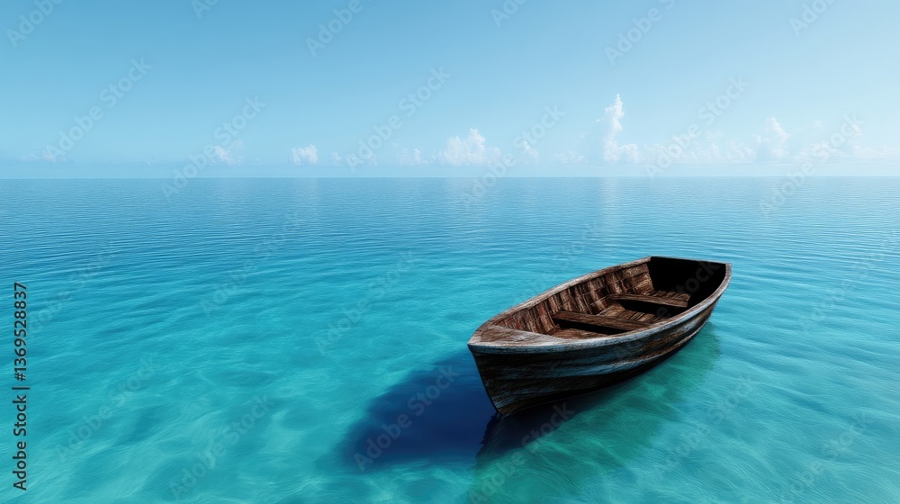 Solitude of a weathered rowboat adrift on a tranquil sea Solitude of a weathered rowboat adrift on a tranquil sea
