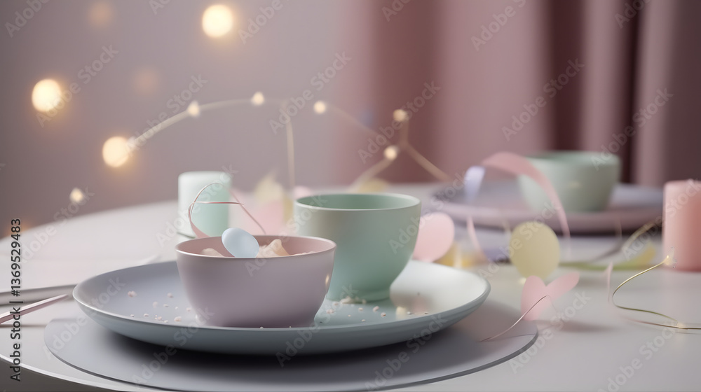 Fototapeta premium Cozy tea setup, pastel cups on a simple table, soft lighting, perfect for relaxation and intimate gatherings.