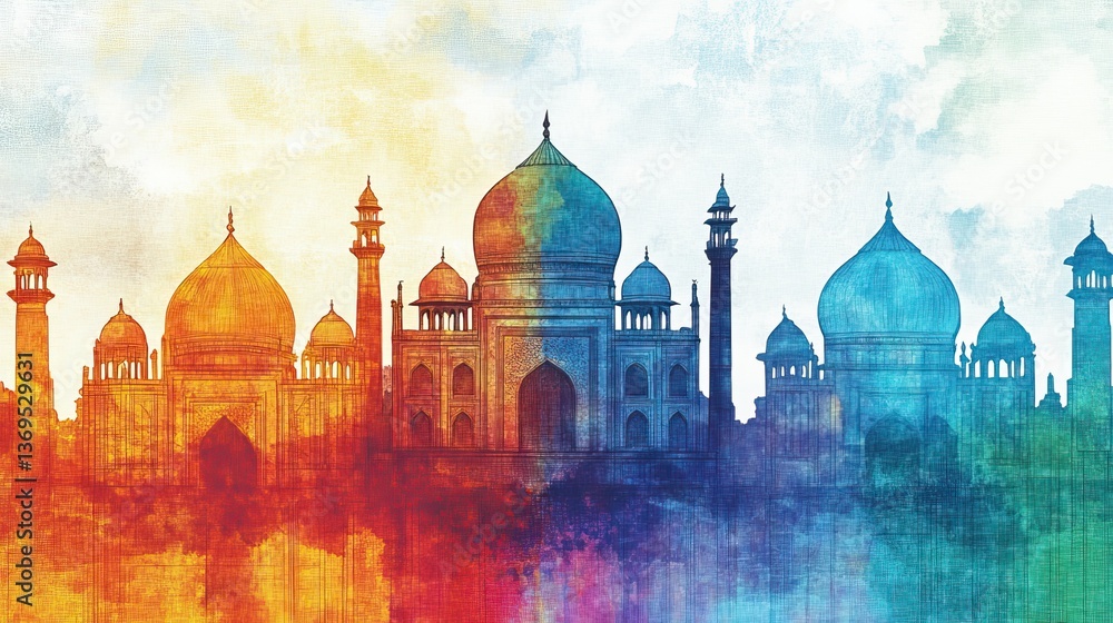 Obraz premium Colorful Agra skyline watercolor, India; travel poster