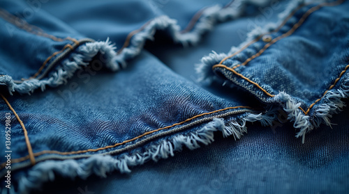 Focus on denim fabric with visible stitching and fraying edges in a classic indigo blue.