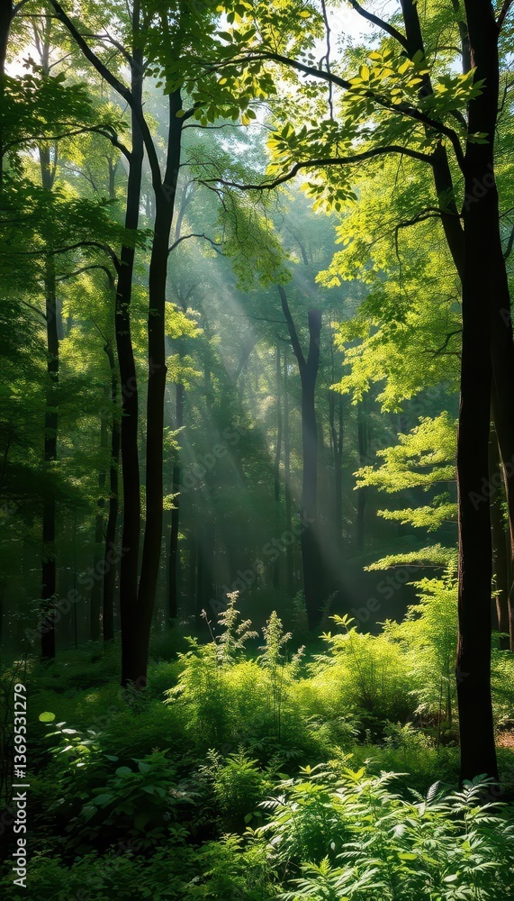 Fototapeta premium Misty green forest, sunlight filtering through dense canopy, background, mystical