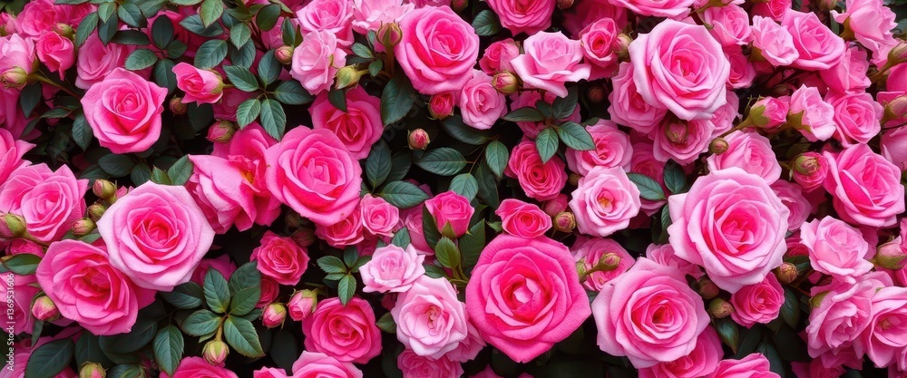 Obraz premium Pink floral backdrop, lush pink roses and other blooms, art, floral design