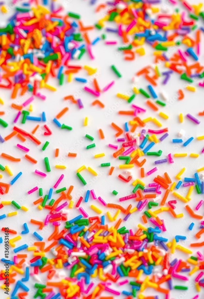 Rainbow sprinkles scattered on a white background, creating vibrant texture, celebration, festive, colorful sprinkles Rainbow sprinkles scattered on a white background, creating vibrant texture, celebration, festive, colorful sprinkles