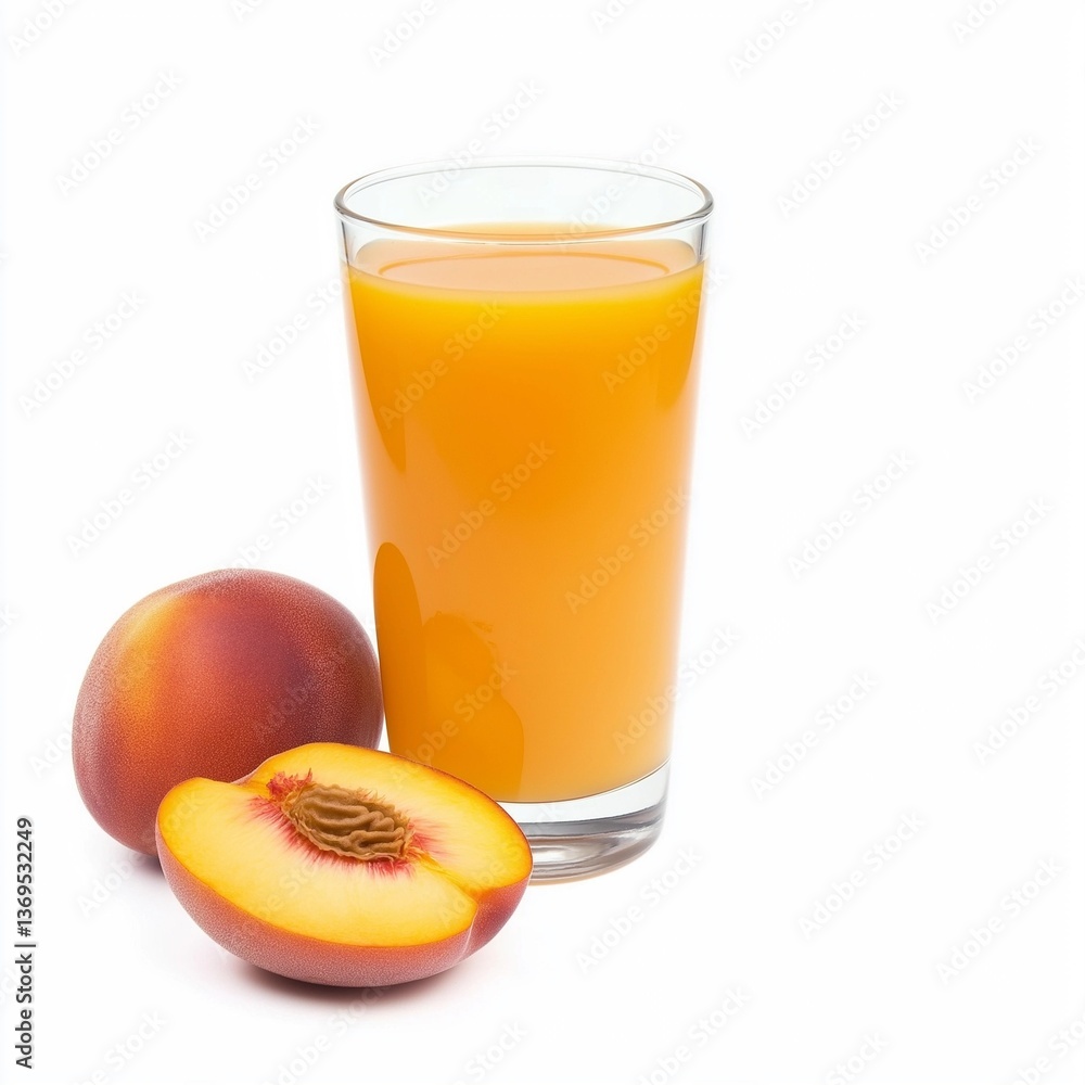 Fresh Peach Juice in Glass with Whole and Halved Fruit Isolated on a White Background Fresh Peach Juice in Glass with Whole and Halved Fruit Isolated on a White Background