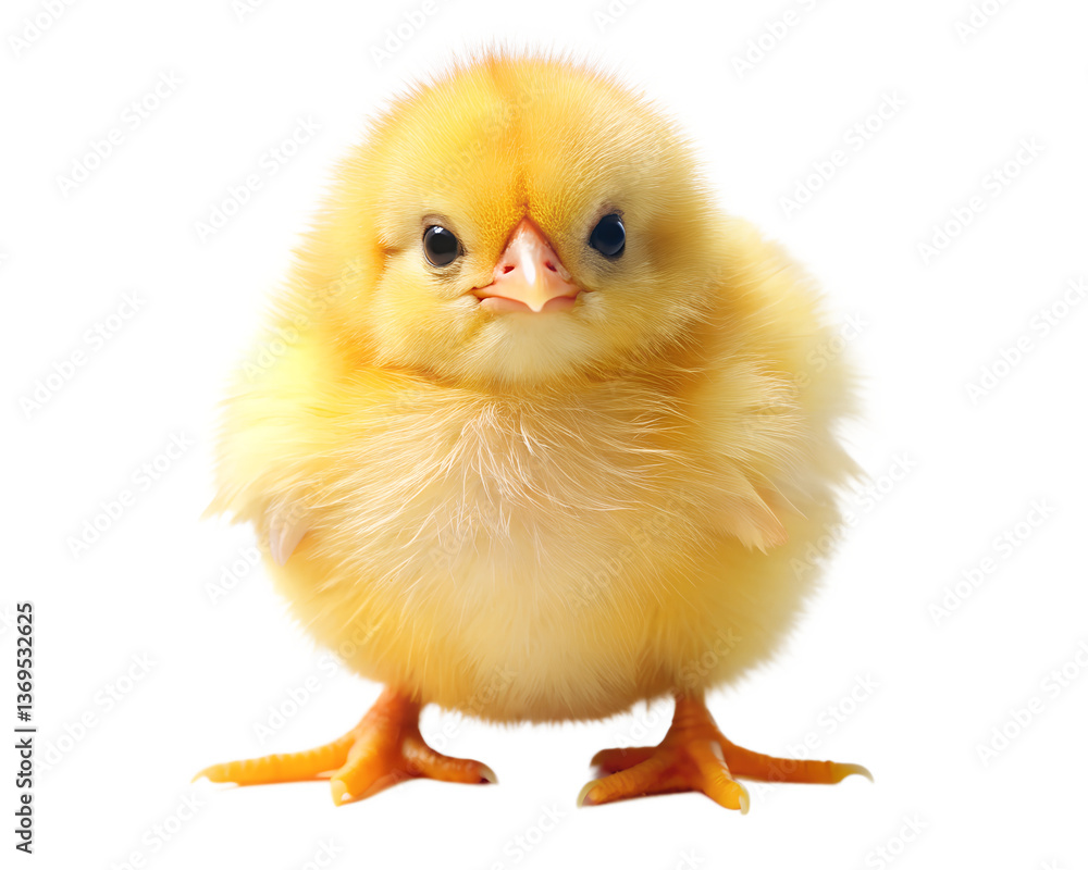 A fluffy yellow chick, a symbol of new beginnings and springtime joy, captured in a bright, clean studio shot against a stark white background. A fluffy yellow chick, a symbol of new beginnings and springtime joy, captured in a bright, clean studio shot against a stark white background.