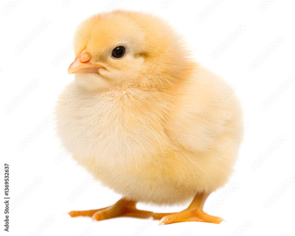 A tiny chick, fluffy and golden, taking its first steps into the world, a symbol of new beginnings and springtime hope, against a bright white background. A tiny chick, fluffy and golden, taking its first steps into the world, a symbol of new beginnings and springtime hope, against a bright white background.