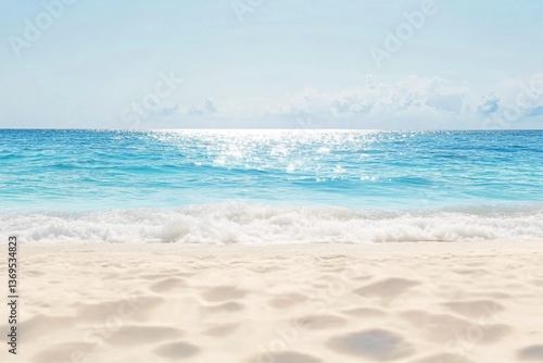 Fototapeta Naklejka Na Ścianę i Meble -  Panorama of a beautiful white sand beach and turquoise water in Maldives. Holiday summer beach background.. Wave of the sea on the sand beach.