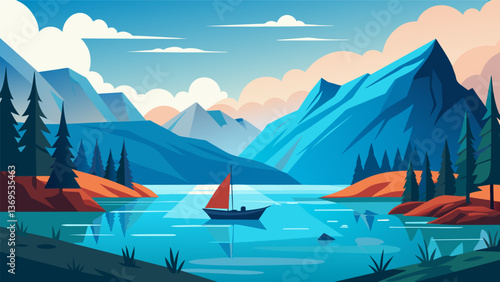 A peaceful lake framed by majestic mountains where participants can take a boat ride and find peace in the tranquility of nature.. Vector illustration