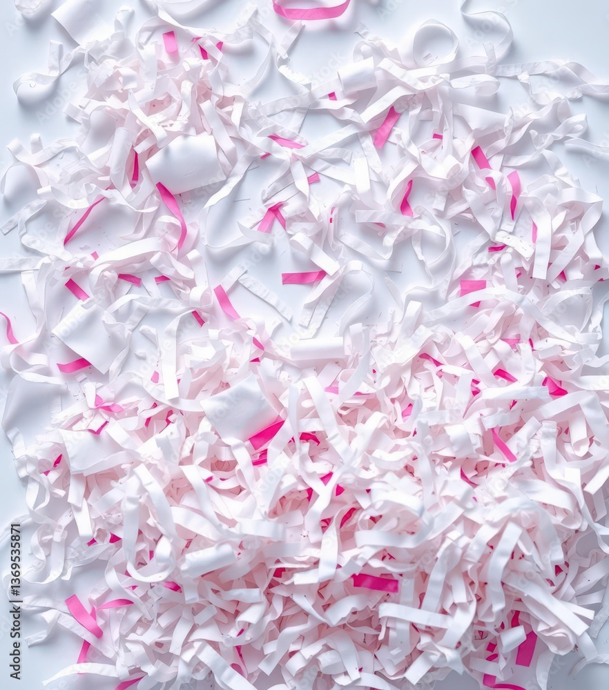Fototapeta premium White background covered in a chaotic pile of finely shredded paper, texture, recycling