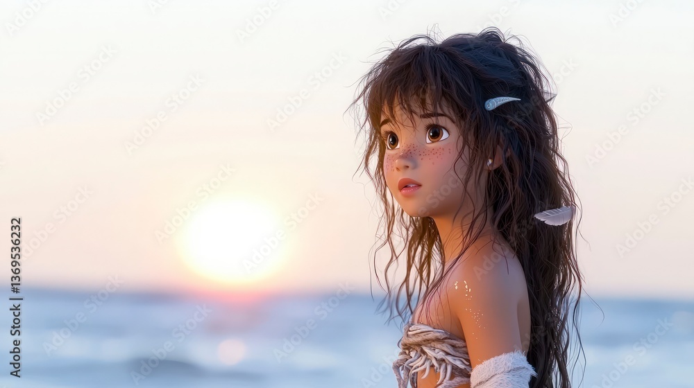 Naklejka premium Young Girl Gazing at Sunset Ocean Scene Dreamy Digital Art Illustration