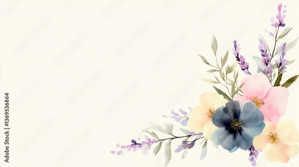 Naklejka premium Delicate Watercolor Floral Arrangement Pastel Pink Yellow Lavender Flowers Corner Design