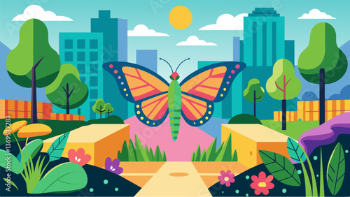 A once dull and uninviting lot now features a vibrant street art mural and an urban butterfly garden created by local residents to attract and protect. Vector illustration