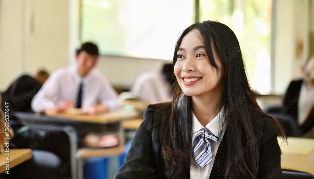 学校の教室で笑顔で授業を聞く制服の学生 学校の教室で笑顔で授業を聞く制服の学生