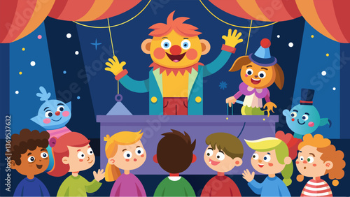 A lively puppet show captivates a large audience of children bringing classic stories to life with colorful characters and silly antics.. Vector illustration
