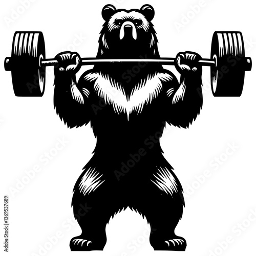 Mighty Bear Lifts: A powerful bear silhouette intensely focused, confidently lifting a heavy barbell, embodying strength and determination.