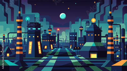 A sea of industrial lights illuminating the complex at night giving it an otherworldly feel.. Vector illustration