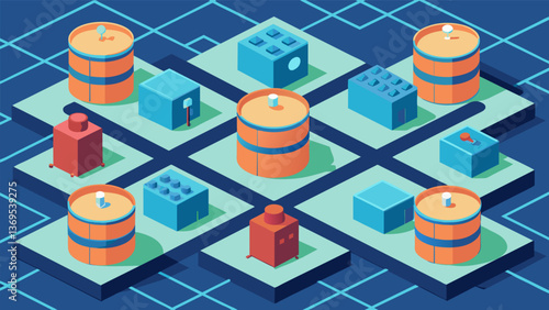 A puzzlelike grid of storage tanks and processing units resembling a giant game board from above.. Vector illustration
