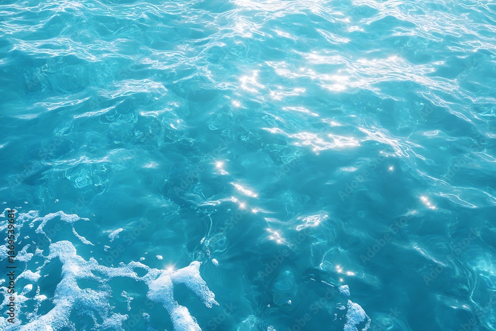 Turquoise ocean water surface with sun reflections shimmering and foam details. Serene sea view Turquoise ocean water surface with sun reflections shimmering and foam details. Serene sea view