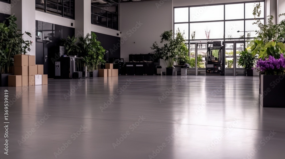 Fototapeta premium Spacious modern office interior with large windows potted plants and cardboard boxes A bright and airy workspace