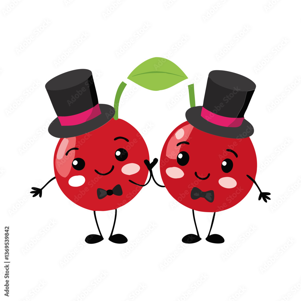 Obraz premium Dapper Cherry Duo – Funny Fruit Icons in Matching Tuxedos & Top Hats